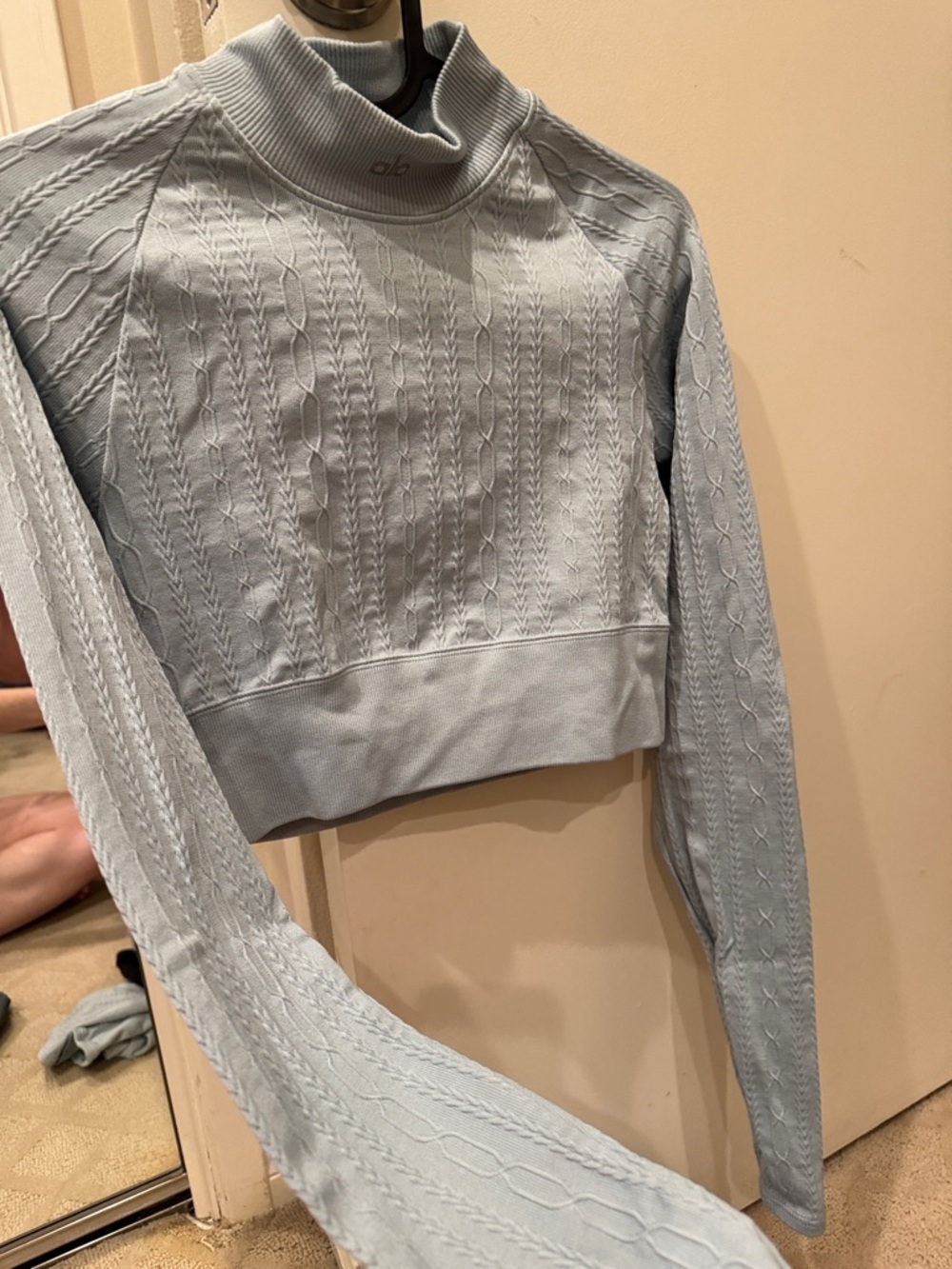 ALO Yoga Light Blue Cable-Knit Crop Turtleneck